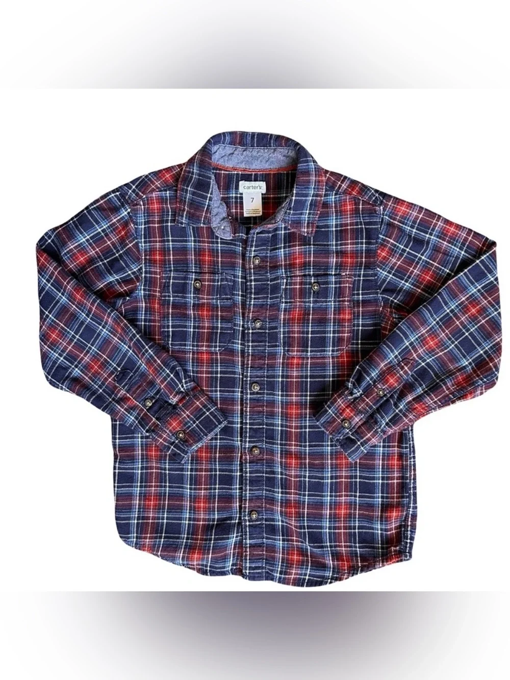 Carter's Size 7 Boys Blue Red Flannel button down long sleeve shirt